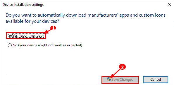 Outline failed install tap device. Device installation settings.